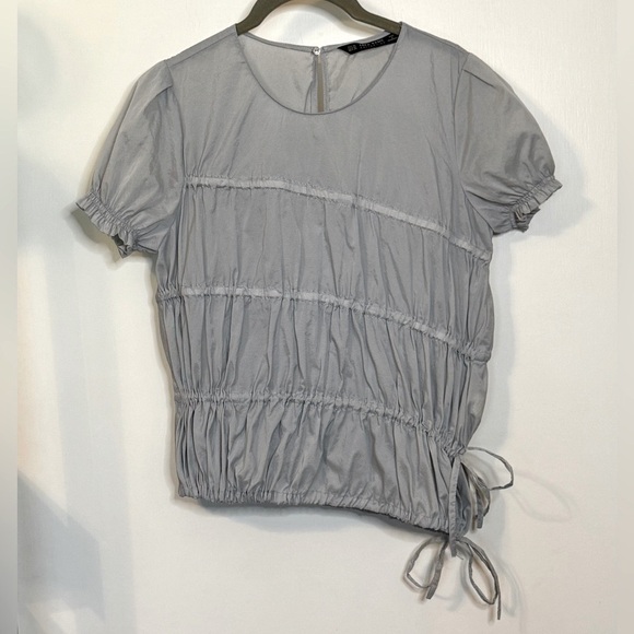 Zara Basics Grey Tie Striped Asymmetrical Short Sleeve Lightweight Top- XS - Picture 7 of 8